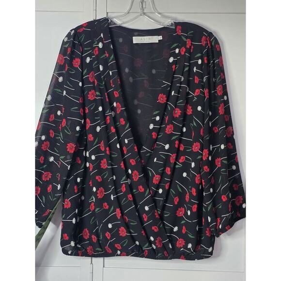 ASTR The LABEL Poppy Floral Print Surplice Vneck Long Sleeve Top SZ Large Blk Rd - Picture 1 of 8